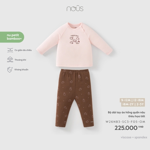NOUS - Bộ dài tay áo hồng quần nâu thêu họa tiết - 2-3Y - SS26.T8A
