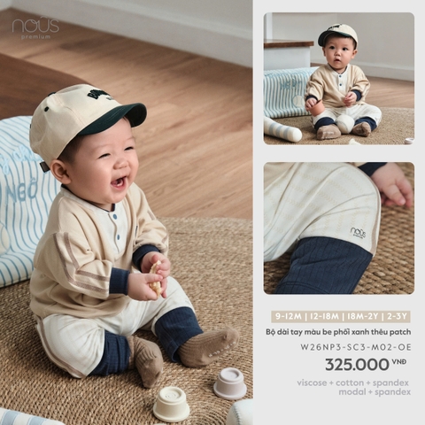 NOUS - Bộ dài tay màu be phối xanh thêu patch - 12-18M - SS26.T8A