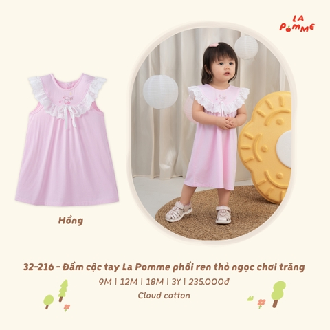 LP - Đầm cộc tay La Pomme phối ren thỏ ngọc chơi trăng - Hồng - 2-3Y - SS26.T8A