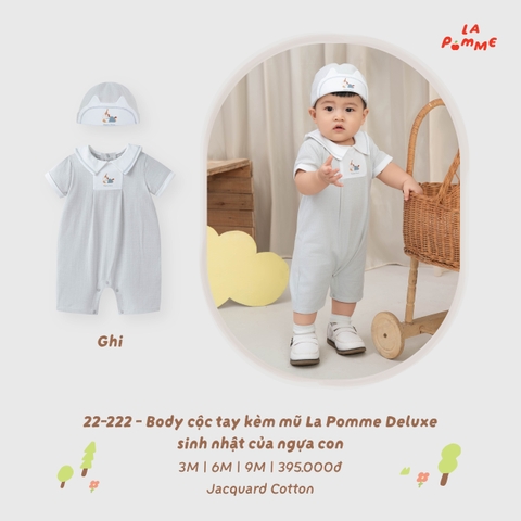 LP - Body cộc tay kèm mũ La Pomme Deluxe sinh nhật của ngựa con - Ghi - 3-6M - SS26.T8B