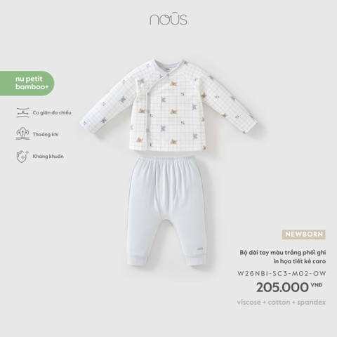 NOUS - Bộ dài tay màu trắng phối ghi in họa tiết kẻ caro - Newborn - SS26.T9A