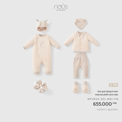NOUS - Set quà tặng 6 món màu be phối caro nâu - 0-3M - SS26.T9A