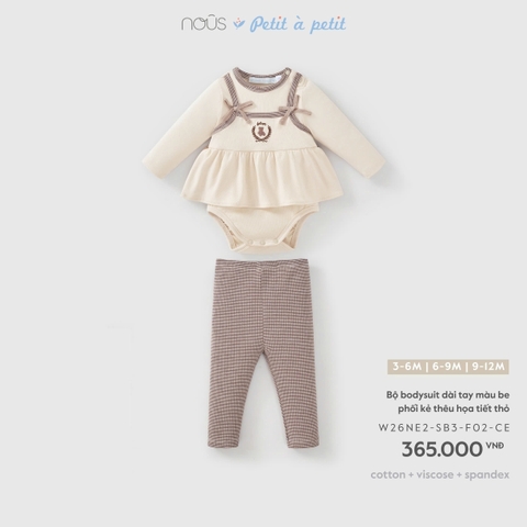 NOUS - Bộ bodysuit dài tay màu be phối kẻ thêu họa tiết thỏ - 9-12M - SS26.T9A