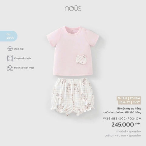 NOUS - Bộ cộc tay áo hồng quần in tràn họa tiết thỏ hồng - 12-18M - SS26.T9A