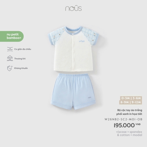 NOUS - Bộ cộc tay áo trắng phối xanh in họa tiết - 3-6M - SS26.T9A