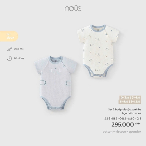 NOUS - Set 2 bodysuit cộc xanh be họa tiết con voi - 3-6M - SS26.T9A
