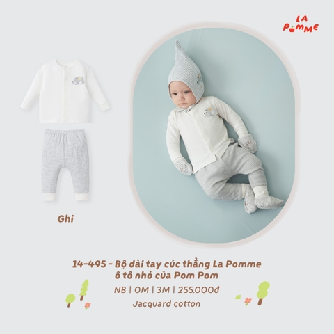 LP - Bộ dài tay cúc thẳng La Pomme ô tô nhỏ của Pom Pom - Ghi - 3-6M - SS26.T9B