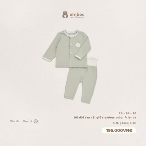 EMBES - Bộ dài tay cài giữa embes color friends xanh lá - 26-B5-20 - 3-6M - SS26.T9A
