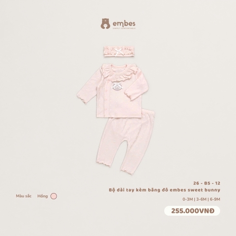 EMBES - Bộ dài tay kèm băng đô embes sweet bunny hồng - 26-B5-12 - 3-6M - SS26.T9A