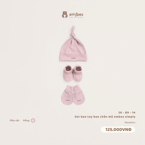 EMBES - Set bao tay bao chân mũ embes simply hồng - 26-B9-14 - NEWBORN - SS26.T9A