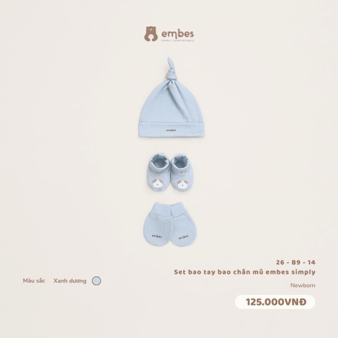 EMBES - Set bao tay bao chân mũ embes simply xanh dương - 26-B9-14 - NEWBORN - SS26.T9A