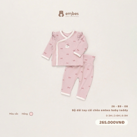 26-B9-08-Bộ dài tay cài chéo embes baby teddy hồng - 6-9m - HONG
