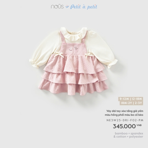 NOUS - Váy dài tay xòe tầng giả yếm màu hồng phối màu be cổ bèo - 12-18M - SS26.T10A - ONF
