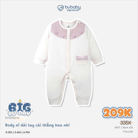 Body nỉ dài tay cài thẳng hoa nhí | 6-9M | Kem 616