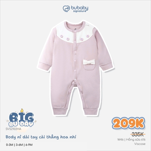 BU ĐÂY - Body nỉ dài tay cài thẳng hoa nhí | 3-6M | Hồng sữa 616