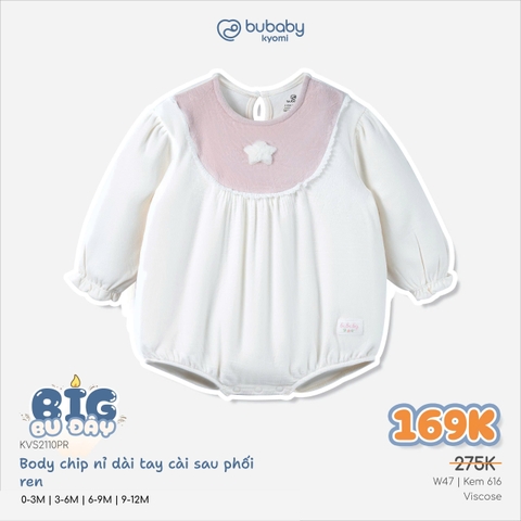 BU ĐÂY - Body chip nỉ dài tay cài sau  phối ren | 9-12M | Kem 616