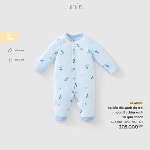 NOUS - Bộ liền dài xanh da trời họa tiết chim xanh và quả chanh NB