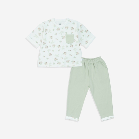 BU S20 - Bộ tay lỡ cổ tròn, quần dài Mimo - BCT120400 - Trắng in Mimosa + Xanh matcha - 3-4Y - SS24.T8A