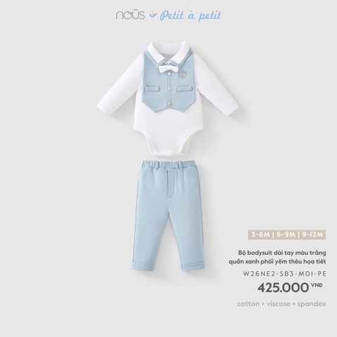 NOUS - Bộ bodysuit dài tay màu trắng quần xanh phối yếm thêu họa tiết - 9-12M - SS26.T10A - ONF