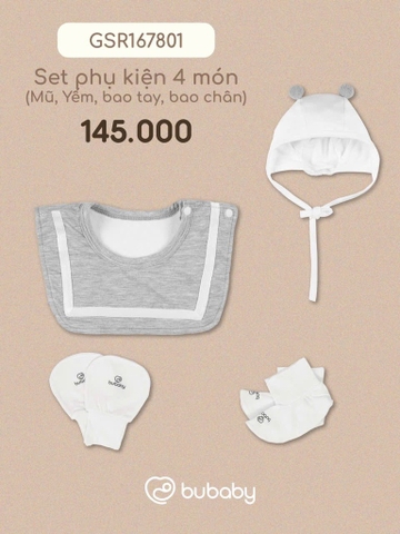 BU -  Set phụ kiện 4 món Mũ, Yếm, bao tay, bao chân  - Trắng - Ghi - 1-3M - SS25.T5C