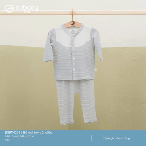 BU ĐÂY - Bộ dài tay cài giữa - Kẻ ghi xám - trắng - 6-9M