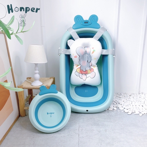 Chậu tắm gấp gọn hình thỏ có nhiệt kế Honper - Xanh Ngọc