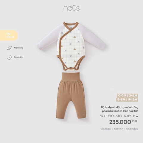NOUS - Bộ bodysuit dài tay màu trắng phối nâu xanh in tràn họa tiết - 9-12M - SS26.T10A - ONF