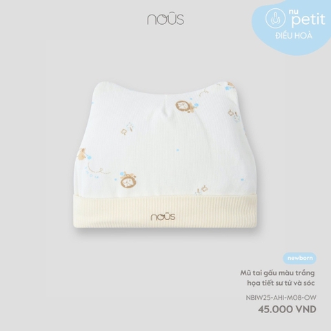 NOUS - Mũ tai gấu màu trắng họa tiết sư tử và sóc  -SS25.T9A