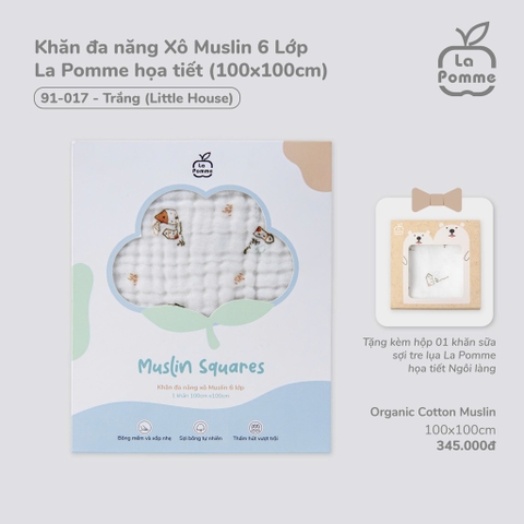 LP - Khăn đa năng Xô Muslin 6 Lớp La Pomme họa tiết (100x100cm) - Trắng (Little House) - SS25.T2A