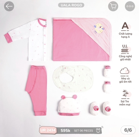 Combo Sơ Sinh UalaRogo Bamboo 7 món cho bé cao cấp UR2434 - Hồng