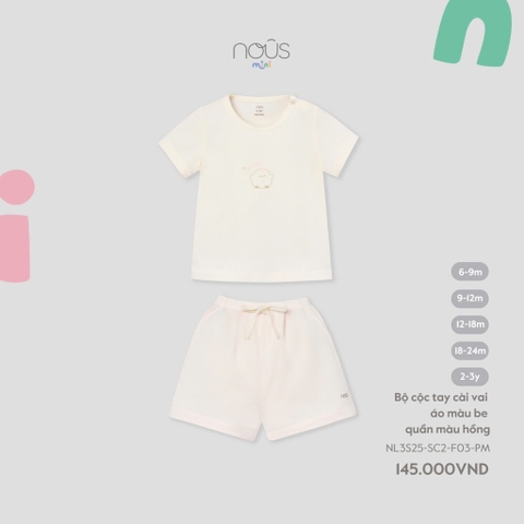 NOUS MINI - Bộ cộc tay cài vai áo màu be quần màu hồng - SS25.T4B