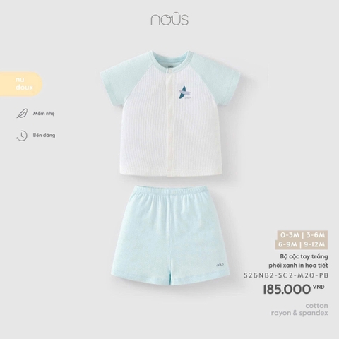 NOUS S30 - Bộ cộc tay trắng phối xanh in họa tiết 9M
