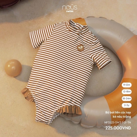 NOUS - Bộ bơi liền cộc tay kẻ nâu trắng - SS25.T4A