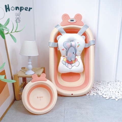 Chậu tắm gấp gọn hình thỏ có nhiệt kế Honper - Cam