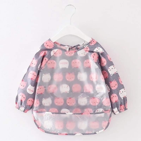 Áo yếm ăn dặm chống thấm dài tay trẻ em Mastela Y112 size 6-36 tháng, Hình mèo hồng