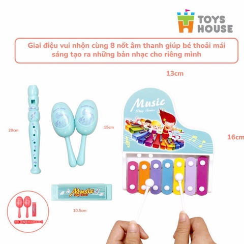 BY - Đồ chơi đàn gõ Xylophone kèm sáo, lục lạc cho bé ToyHouse 682-9 màu xanh