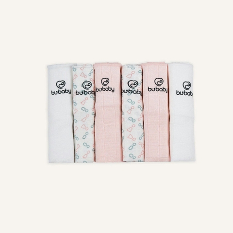 BU - Khăn sữa  Muslin pack 6 - 2 Trắng - 2 Hồng nhạt - 2 Trắng in Iconic - SS25.T5C