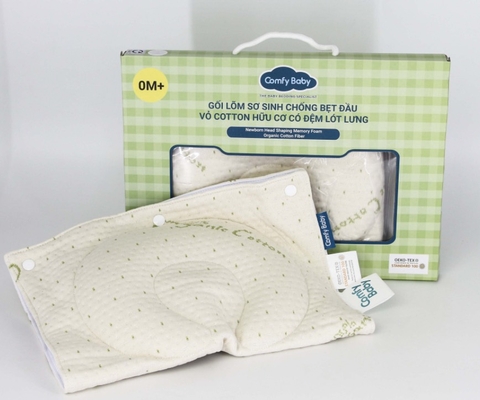 Gối lõm sơ sinh chống bẹp đầu vỏ cotton hữu cơ có đệm lót lưng cho bé Comfybaby N04A