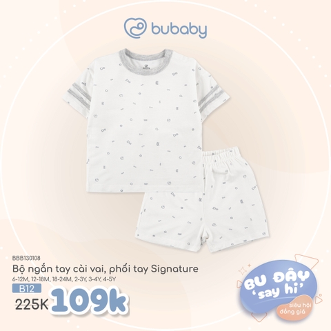 BU ĐÂY - Bộ ngắn tay cài vai, phối tay Signature - Trắng in Bubaby ghi - 6-12M