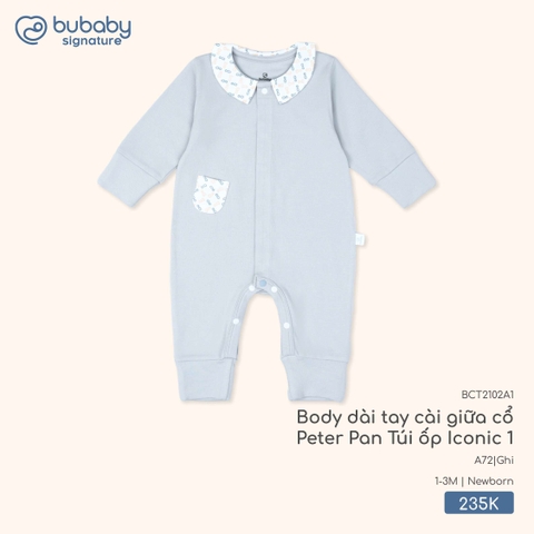 BU - Body dài tay cài giữa cổ Peter Pan Túi ốp Iconic 1 - BCT2102A1 - Ghi - Newborn - SS25.T9B