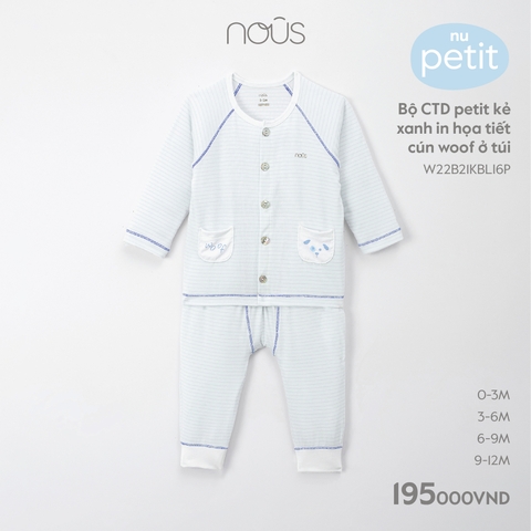 NOUS - Bộ CTD Petit kẻ xanh in họa tiết cún woof ở túi - Nu Petit - 6M