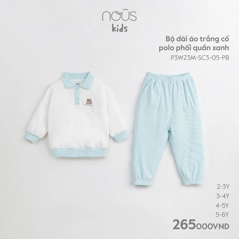 NOUS - Bộ dài áo trắng cổ polo phối quần xanh - Kids - 2Y - Kids - ZTD