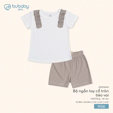 BU S10 - Bộ ngắn tay cổ tròn bèo vai - BSR130403 - Trắng + kẻ nâu - 4-5Y - SS25.T6A