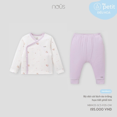 NOUS - Bộ dài cài lệch áo trắng họa tiết phối tím - Newborn - SS25.T9A