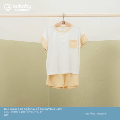 BU ĐÂY - Bộ ngắn tay cổ trụ Bambus Gami - Trắng - vàng kem - 2-3Y