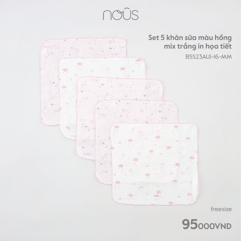 NOUS - Set 5 khăn sữa màu hồng mix trắng in họa tiết - . - FS