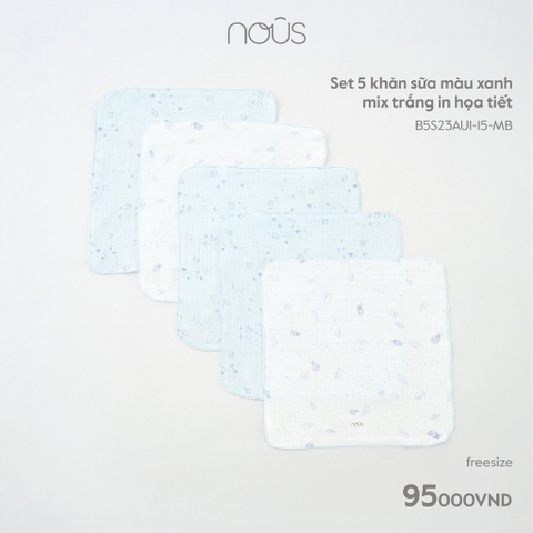 NOUS - Set 5 khăn sữa màu xanh mix trắng in họa tiết - . - FS