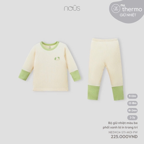 NOUS S20 - Bộ giữ nhiệt màu be phối xanh lá in trang trí 12M - 12-18M - SS24.T8A