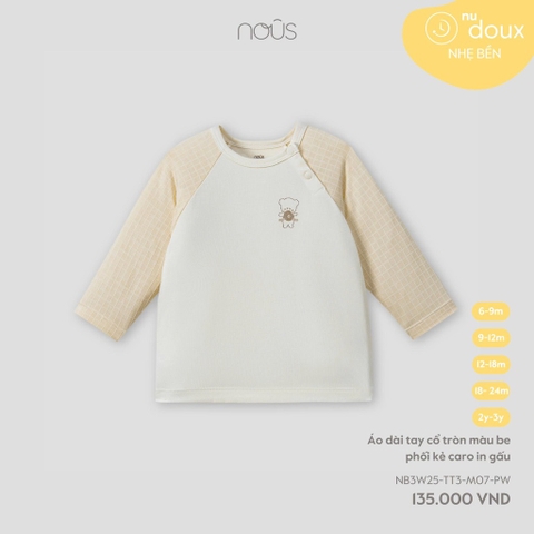 NOUS S30 - Áo dài tay cổ tròn màu be phối kẻ caro in gấu -SS25.T9A - 2-3Y -