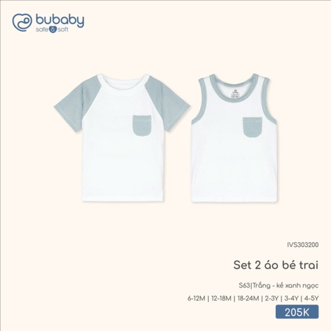BuBaby - Set 2 áo bé trai - Trắng + kẻ xanh ngọc - 12-18M - SS26.T3A